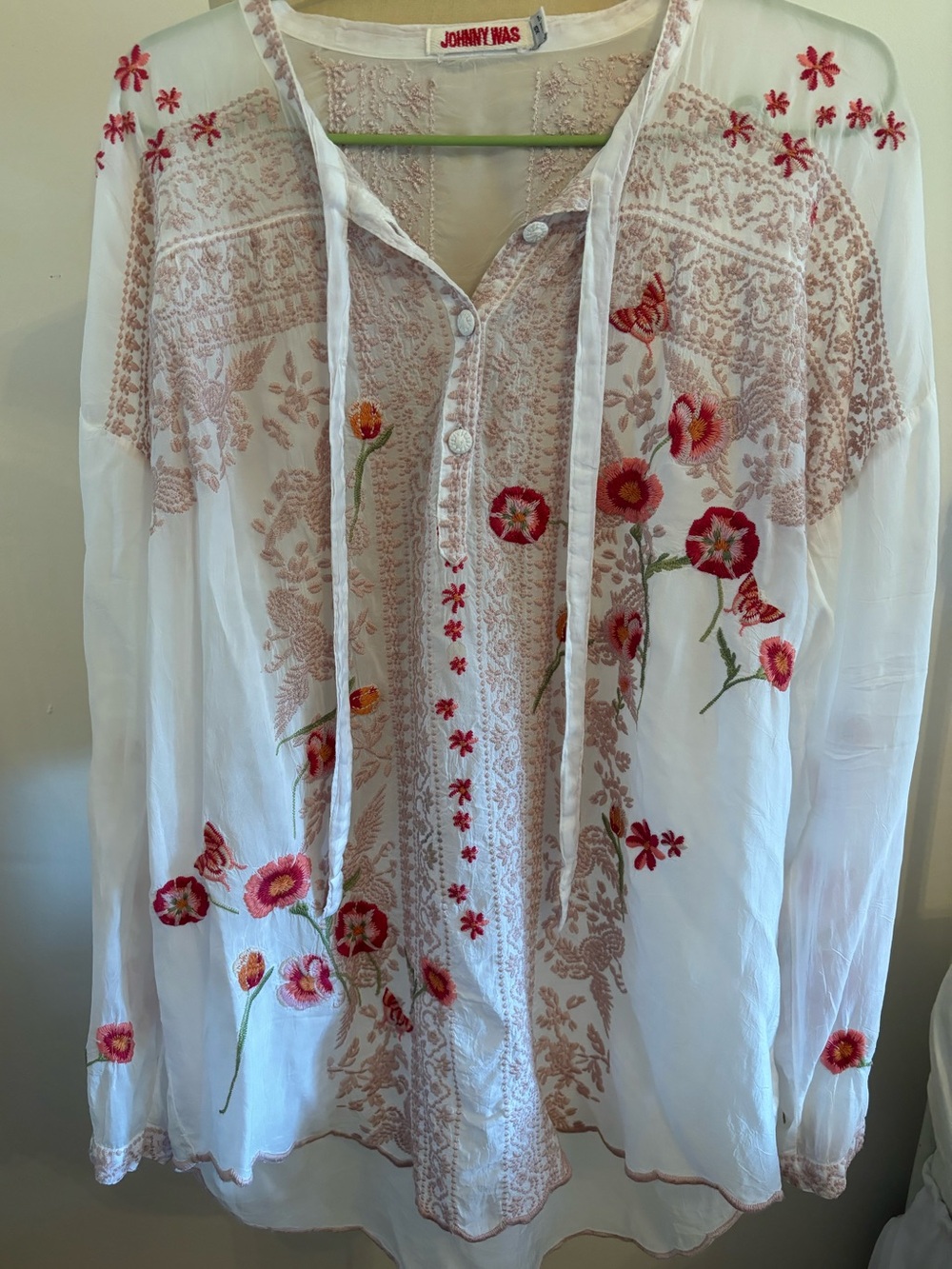 Johnny Was Embroidered White Sheer Tunic with Pink scalloped high low hem Small